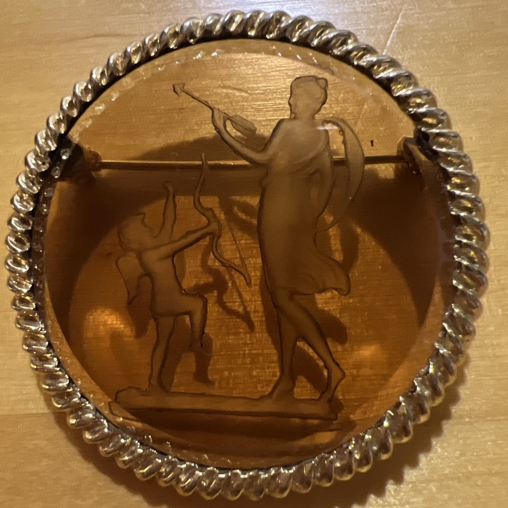Vintage Reverse Carved Glass Cupid & Venus Amber Color Pin Brooch